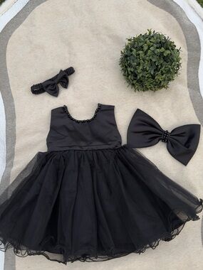 Black Tulle Party Dress with Beaded Neckline and Matching Bows